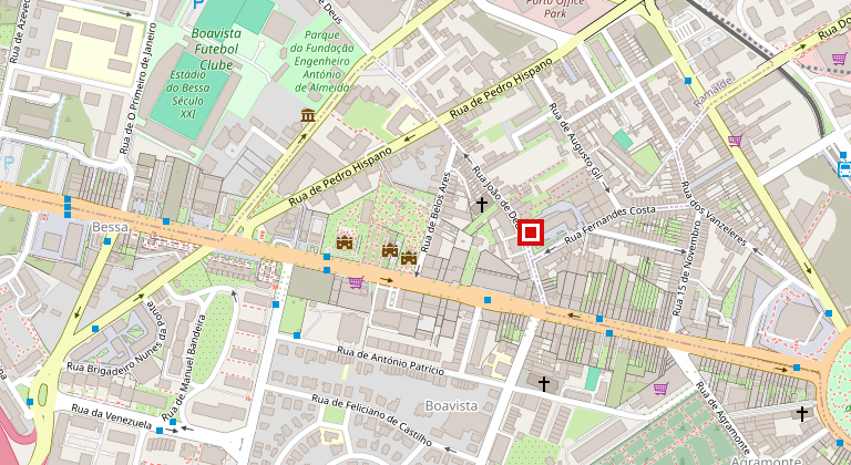 Mapa da zona da Boavista com a loja Chaves Boavista assinalada na Rua João de Deus, Porto